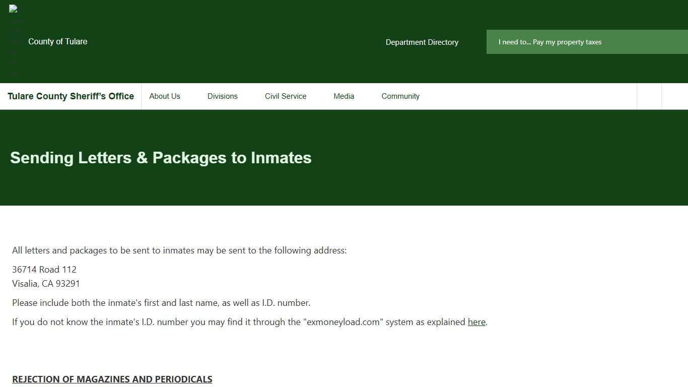 Sending Letters & Packages to Inmates Tulare